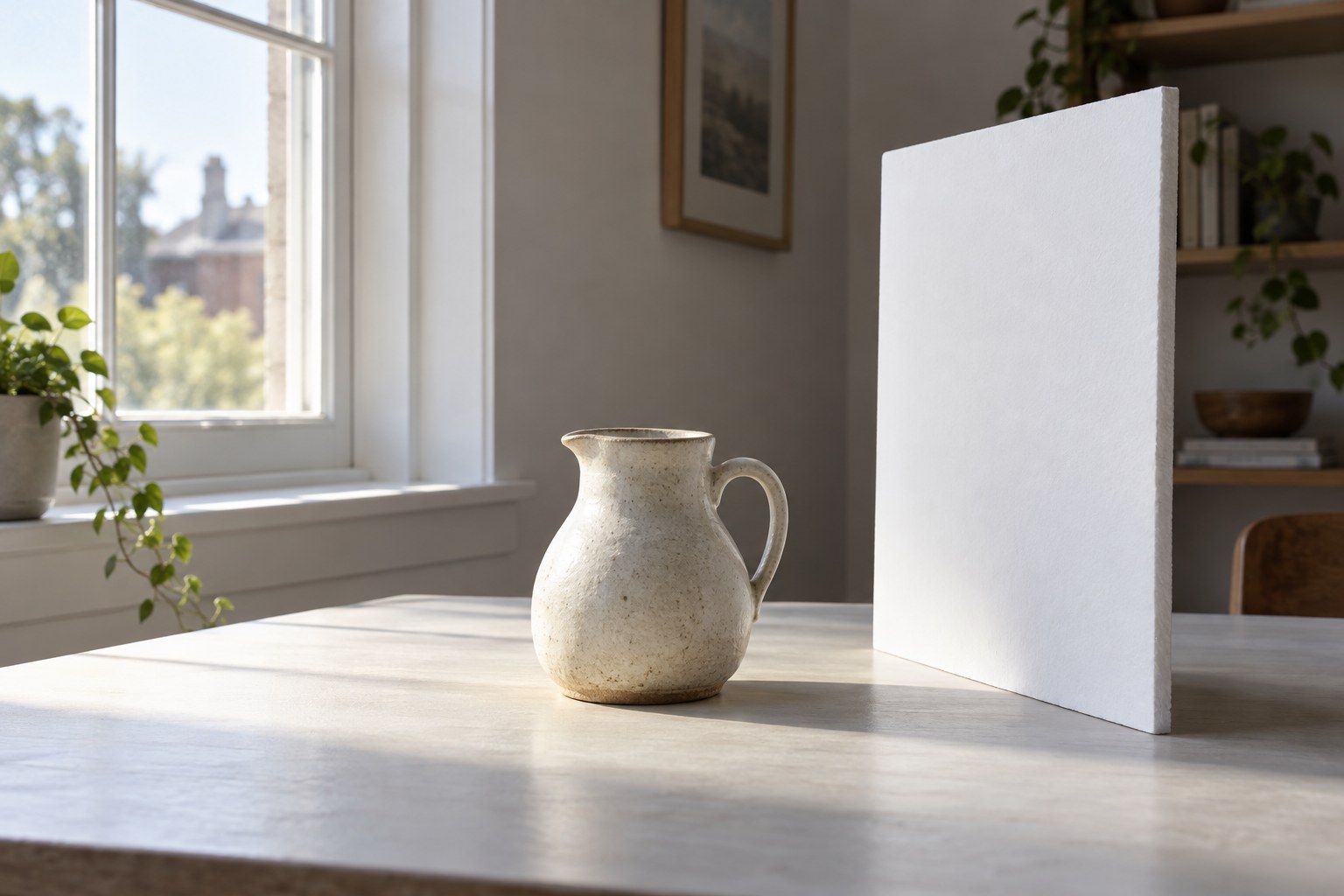 Ceramic jug between a window and white reflector board