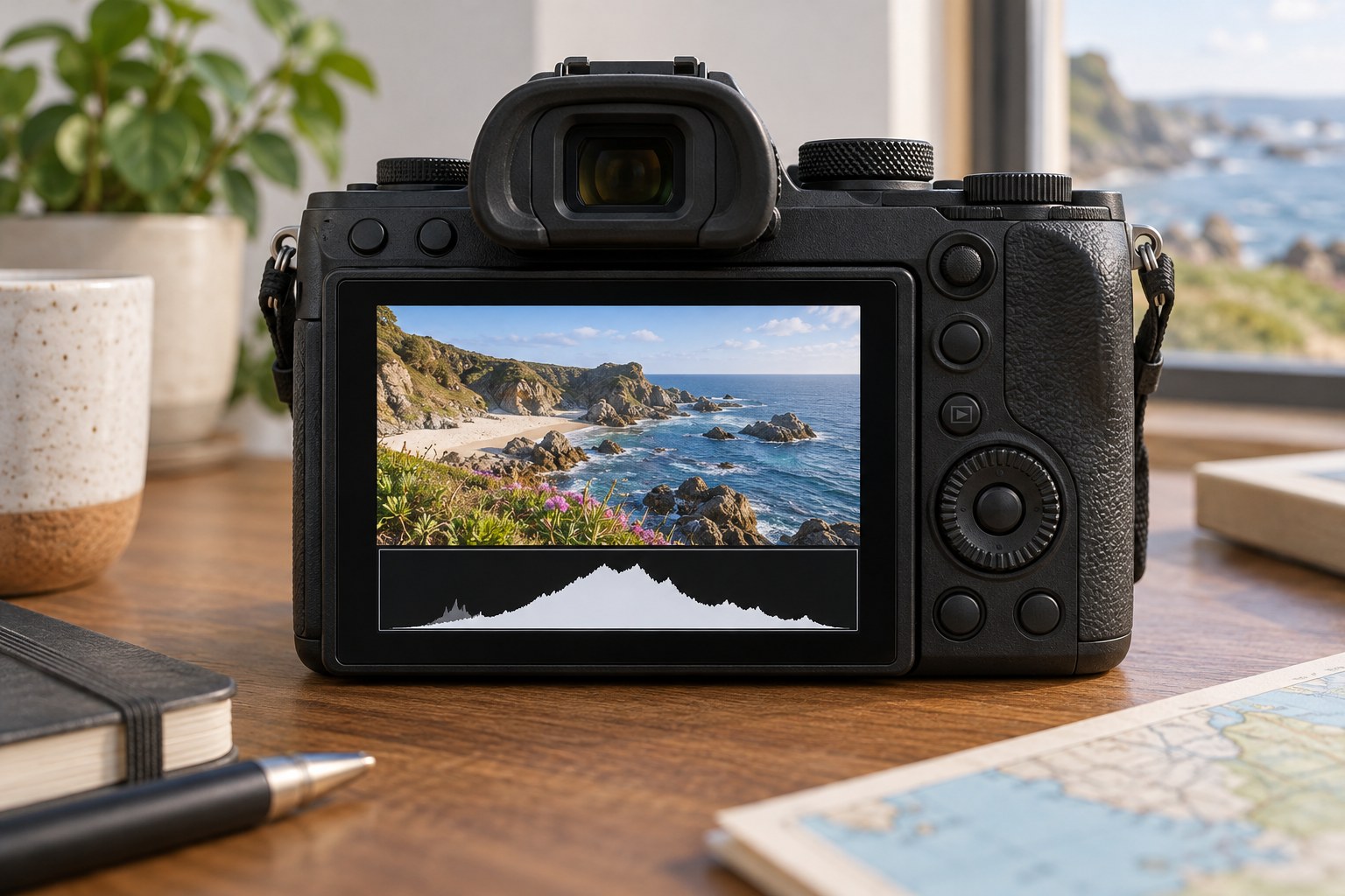 Camera screen with a landscape and illustrative histogram