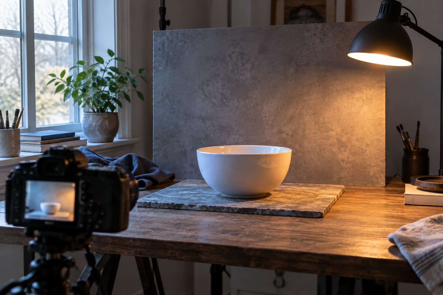 White bowl lit by daylight and a warm lamp