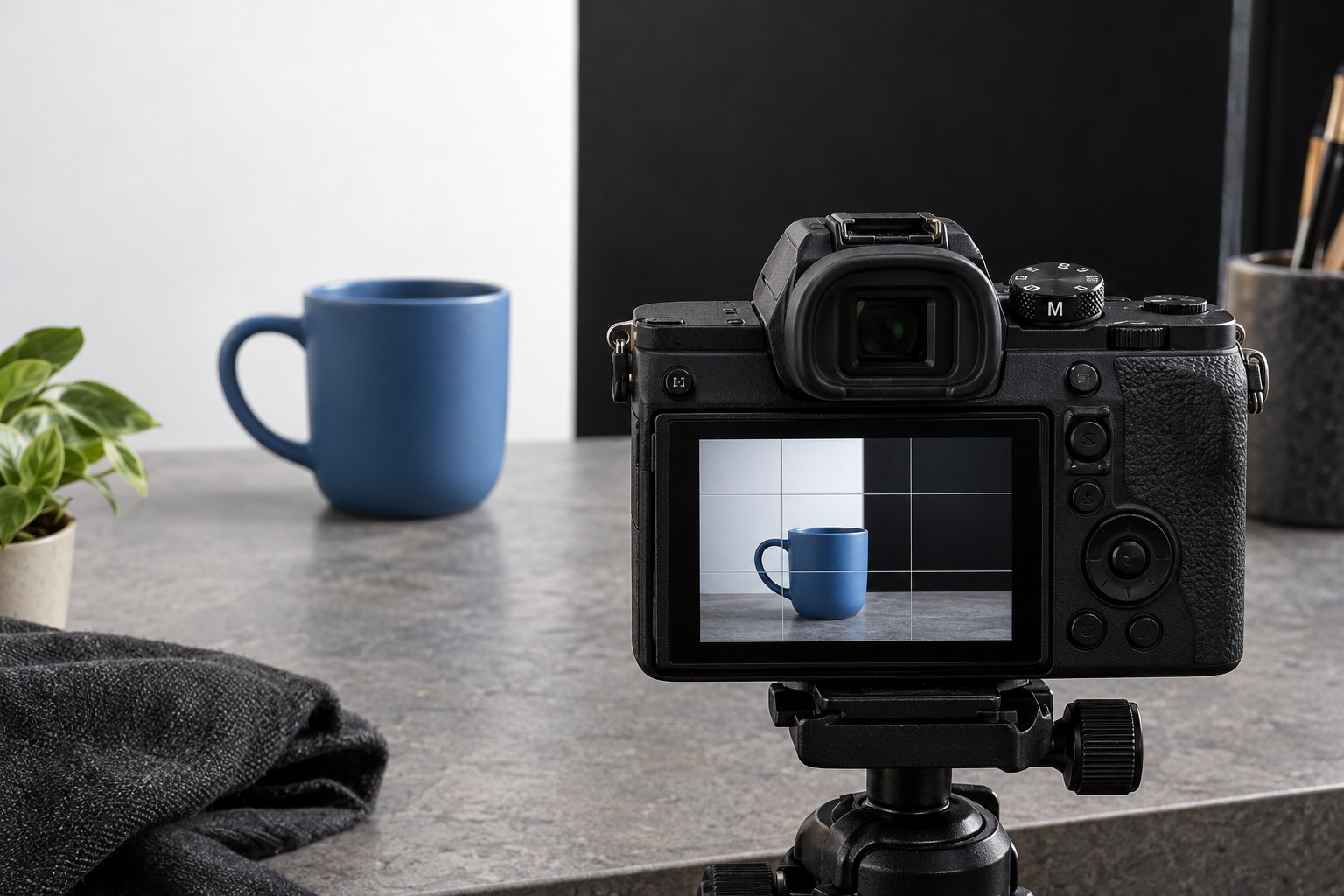 Camera facing a blue mug against light and dark backdrops