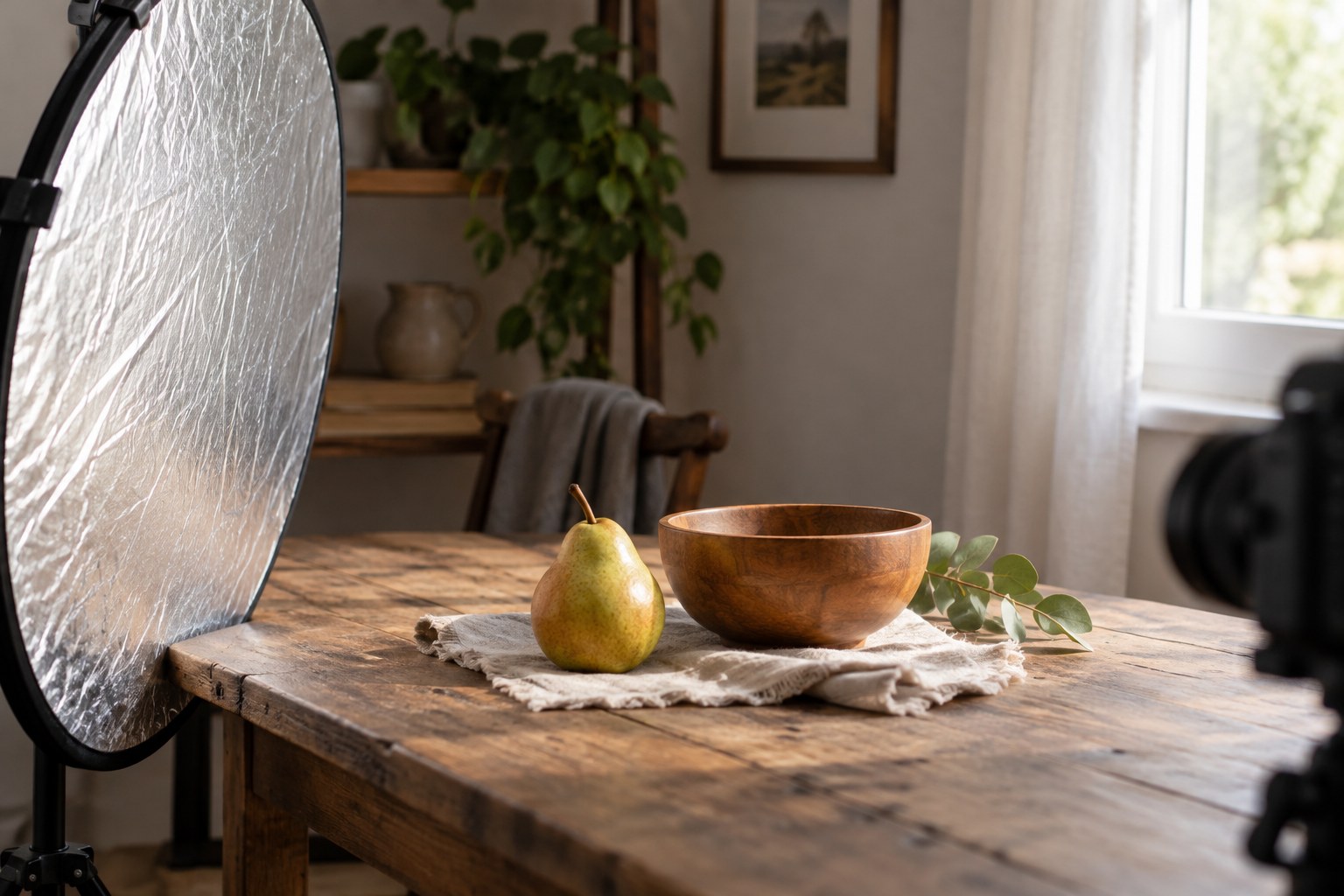 Pear and wooden bowl beside a silver reflector