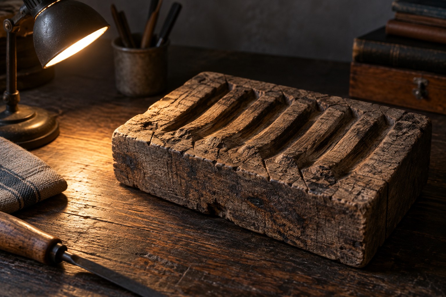 Side lighting revealing ridges in a wooden block