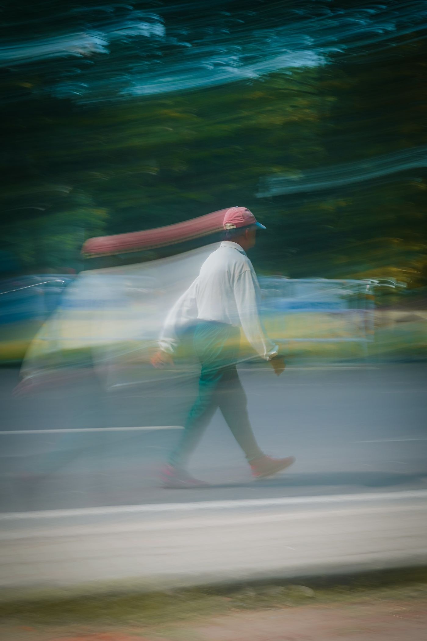 Pedestrian rendered with deliberate directional blur