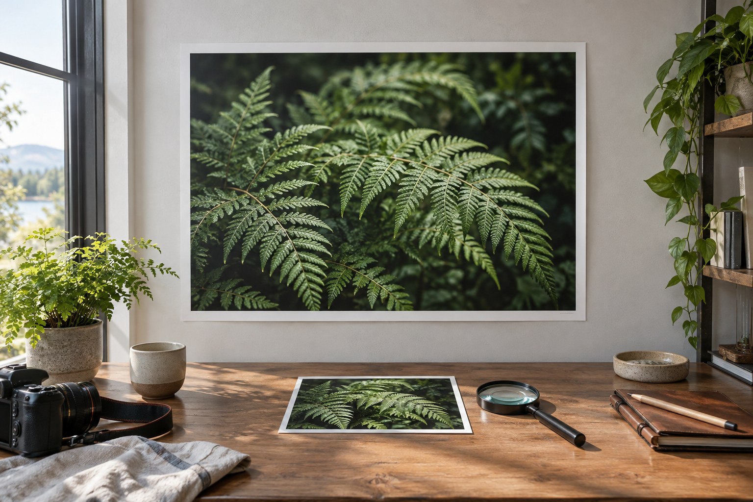 Large and small fern prints beside a magnifier