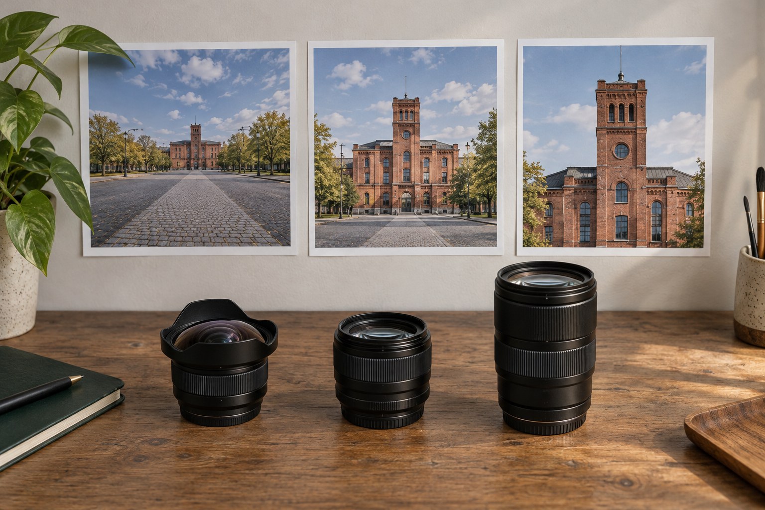 Three lenses beneath differently framed building images