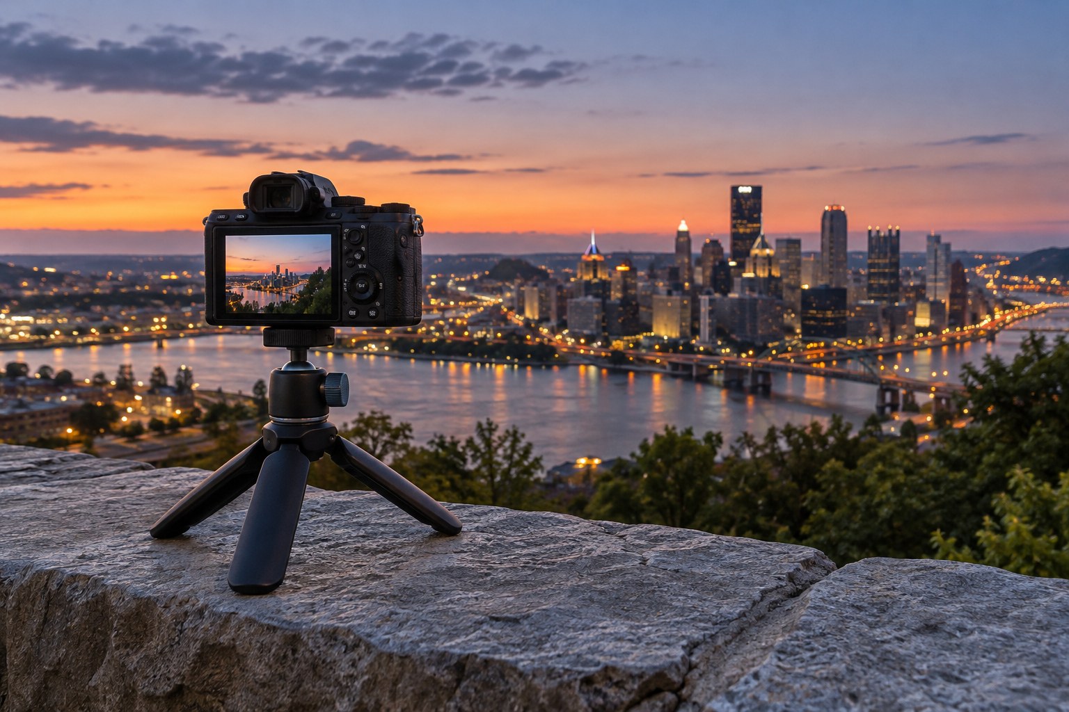 Camera on a compact tripod overlooking a city