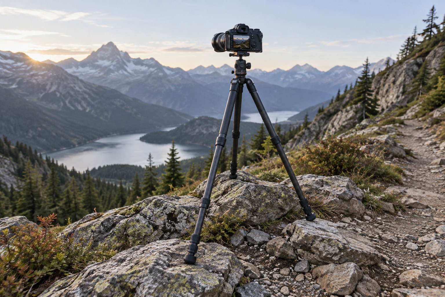 Tripod with unequal leg extensions on rocky ground