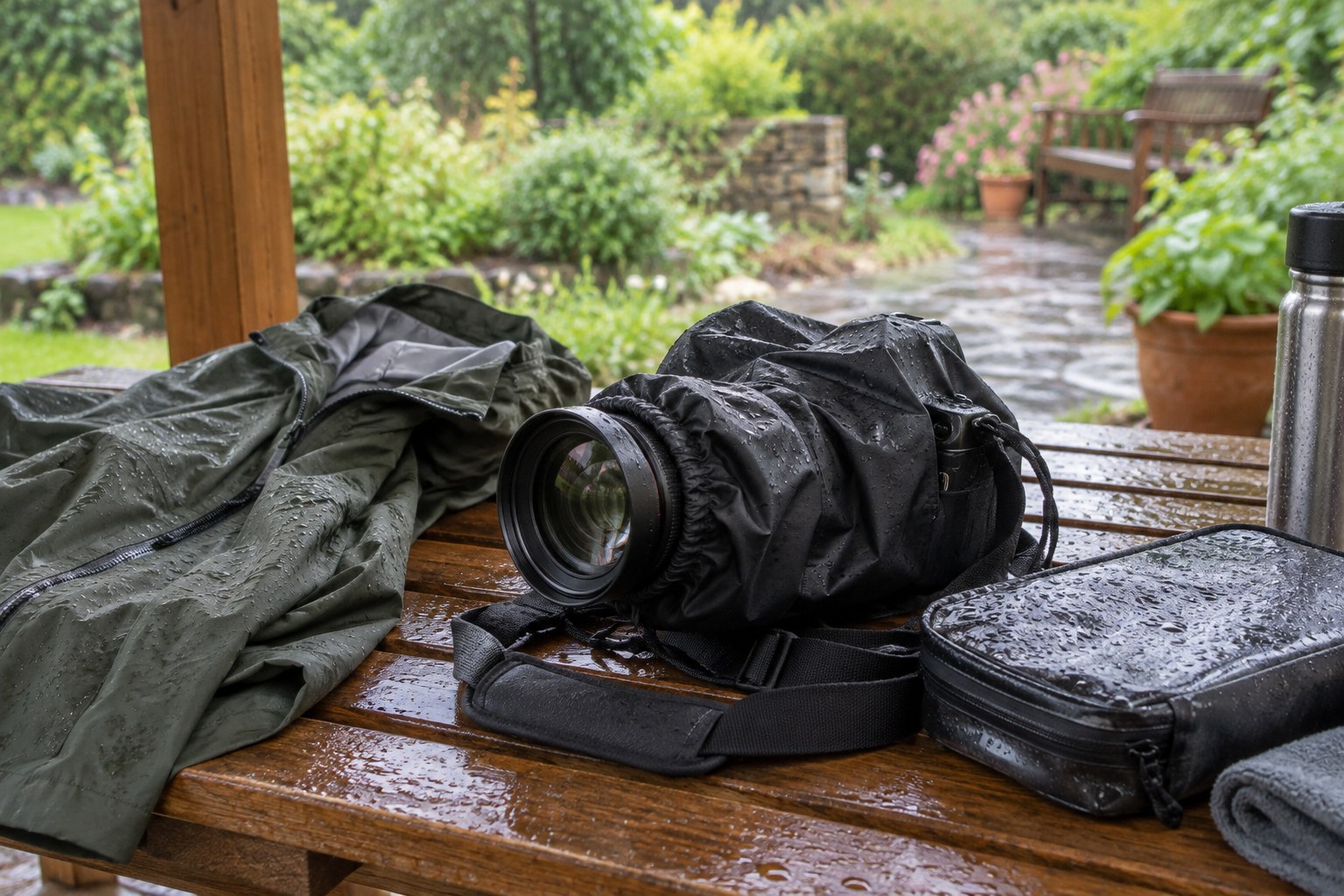 Covered camera with rain jacket and protective pouch