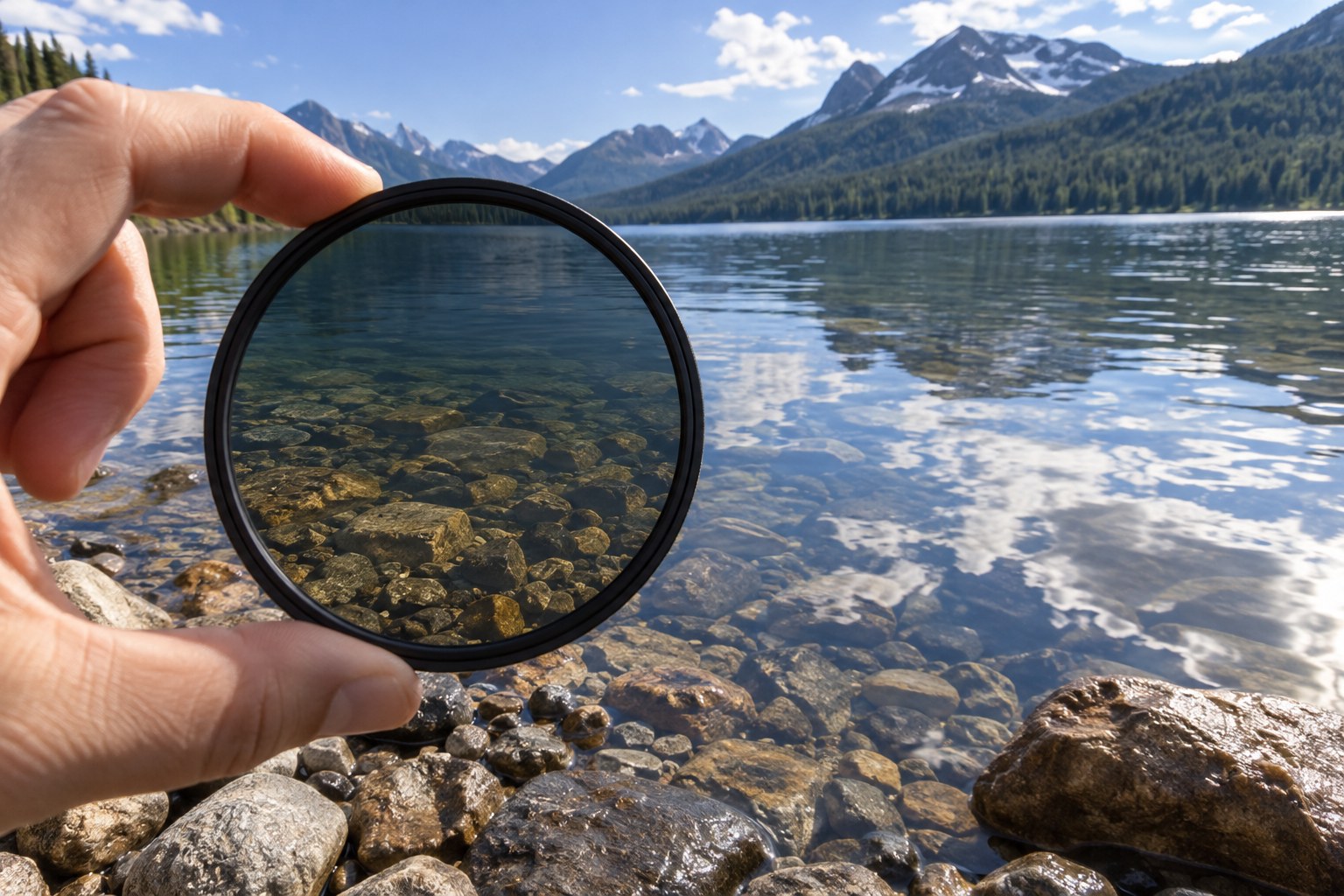 Illustrated polarising filter reducing lake reflections