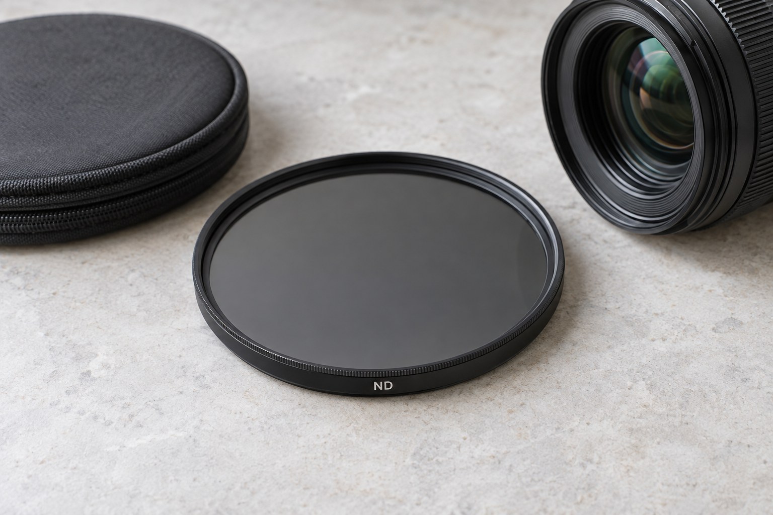 Dark circular ND filter beside a lens and case