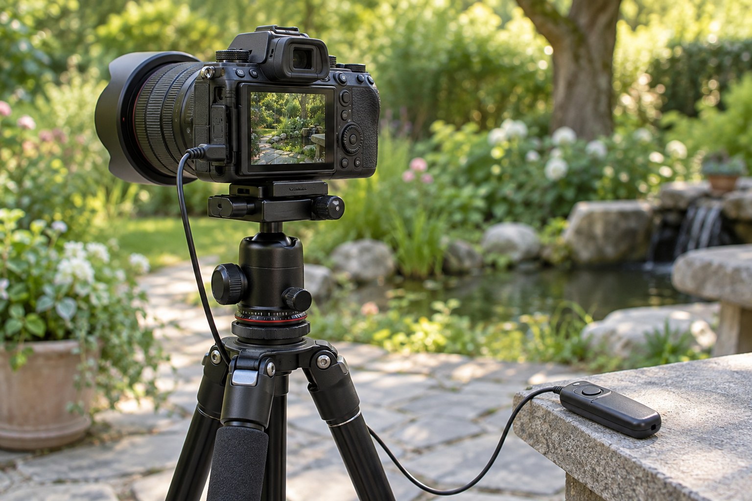 Tripod-mounted camera with a wired remote release