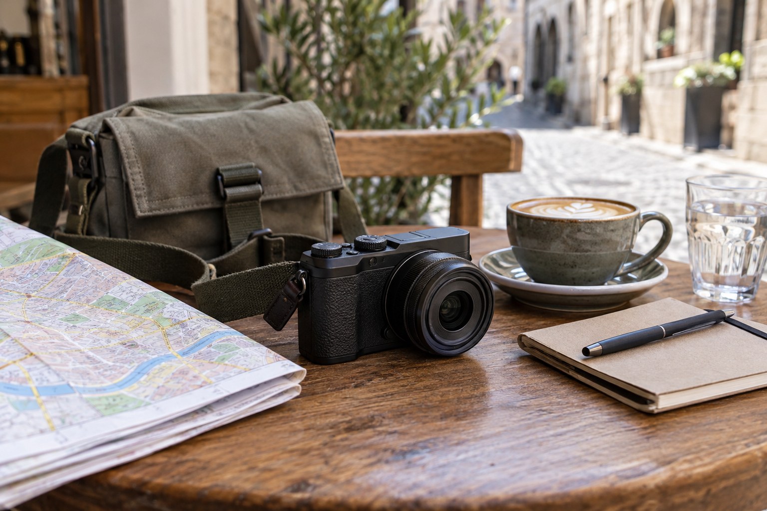 Compact camera and prime lens beside a street map