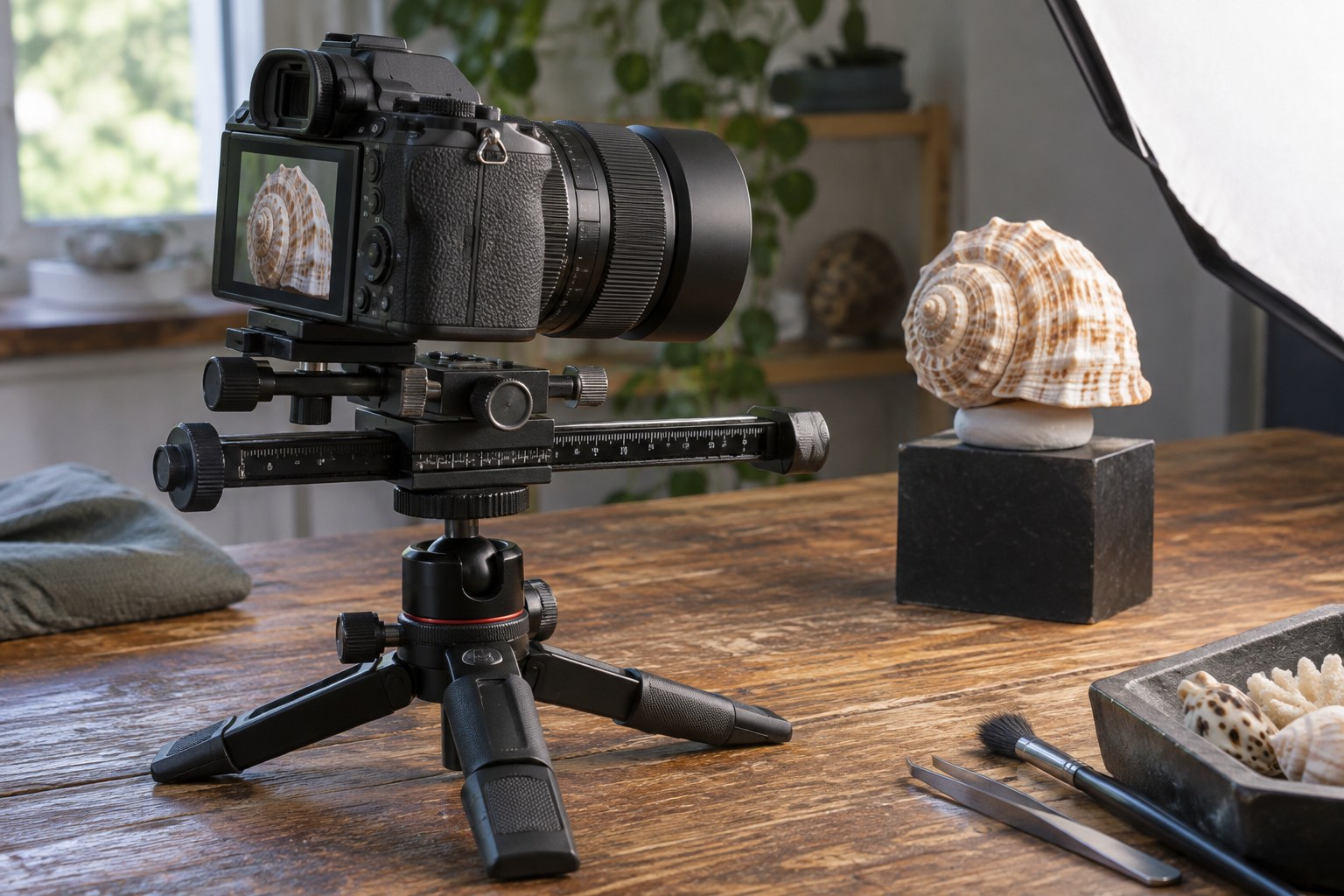 Camera on a focusing rail aimed at a seashell