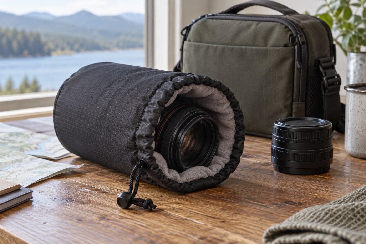 Lens inside an open padded cylindrical pouch
