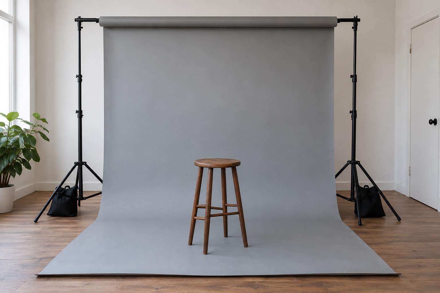 Weighted background stands supporting grey paper