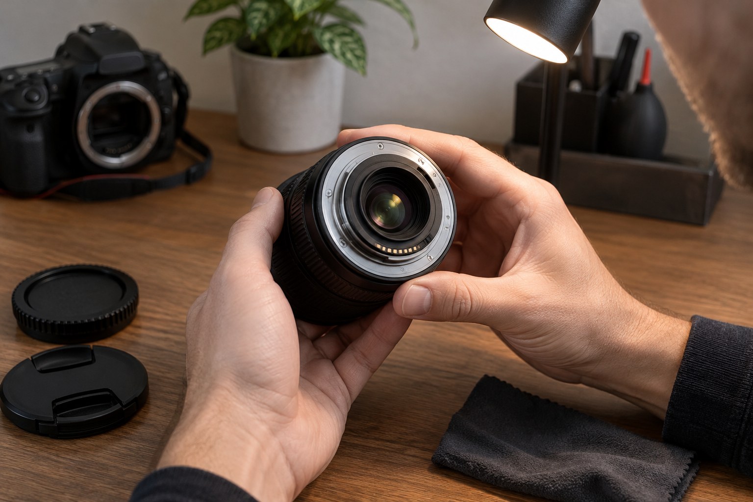 Hands inspecting a camera lens under a lamp