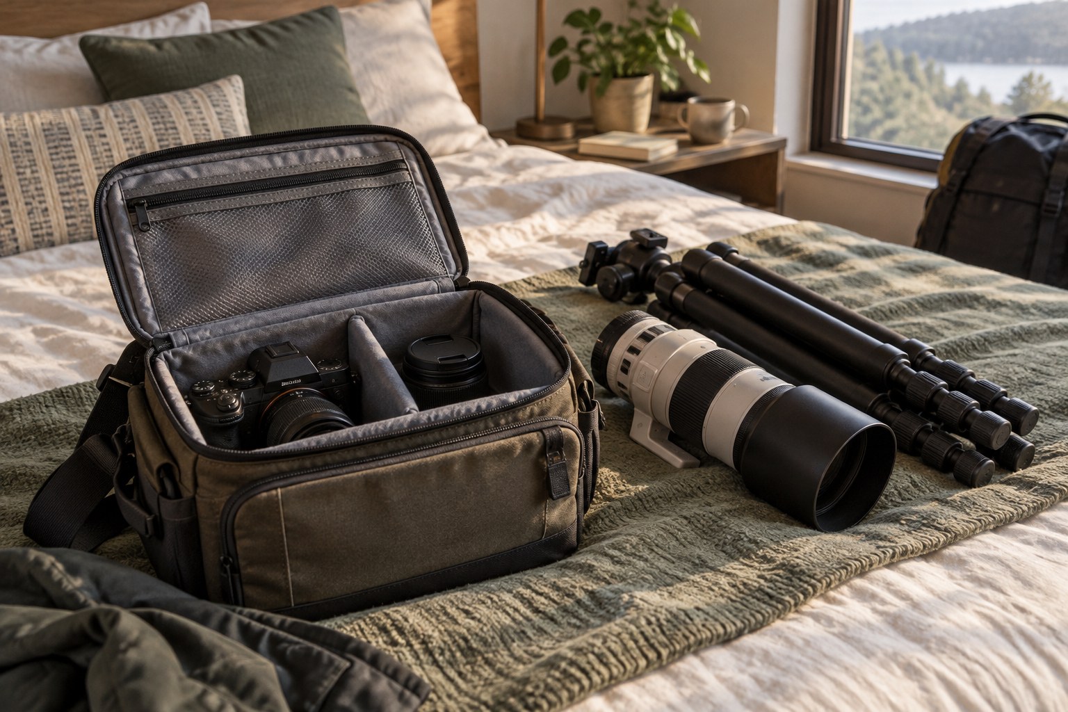 Small packed camera bag beside larger equipment