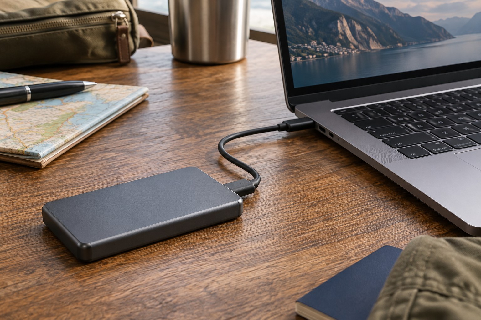 Portable external drive connected to a laptop