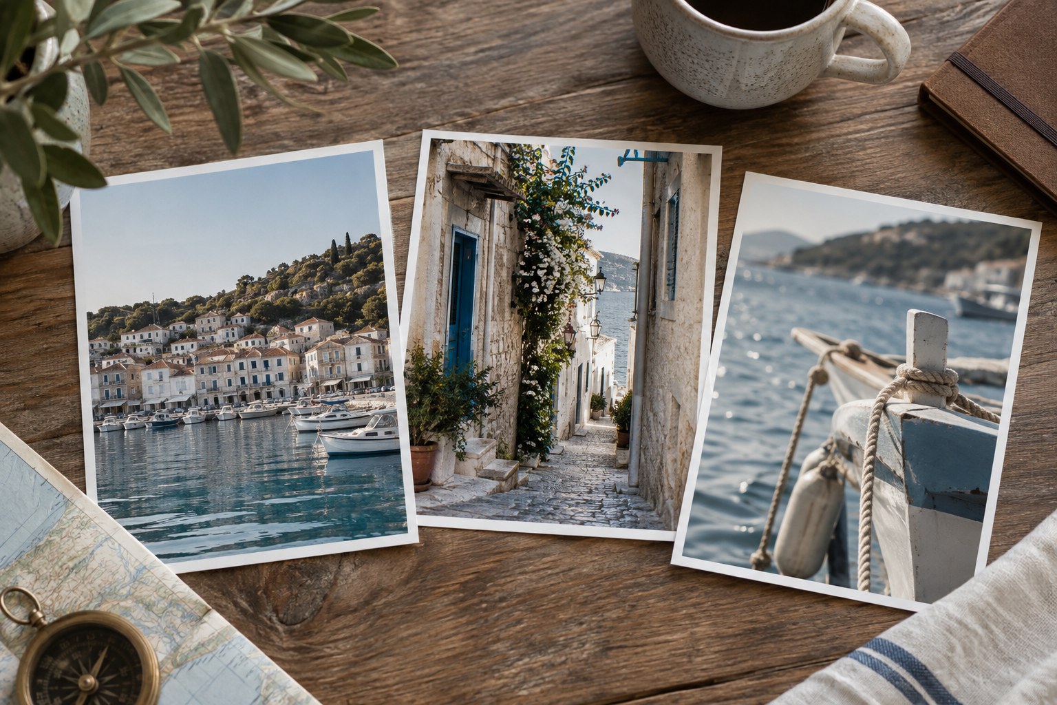 Three coastal travel prints sharing muted colours