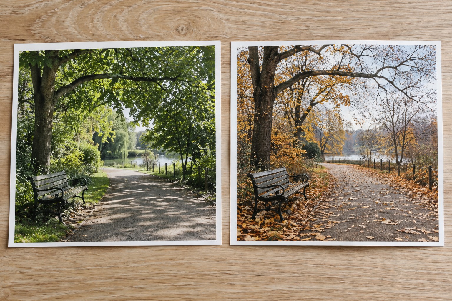 Two illustrations of one park path in different seasons