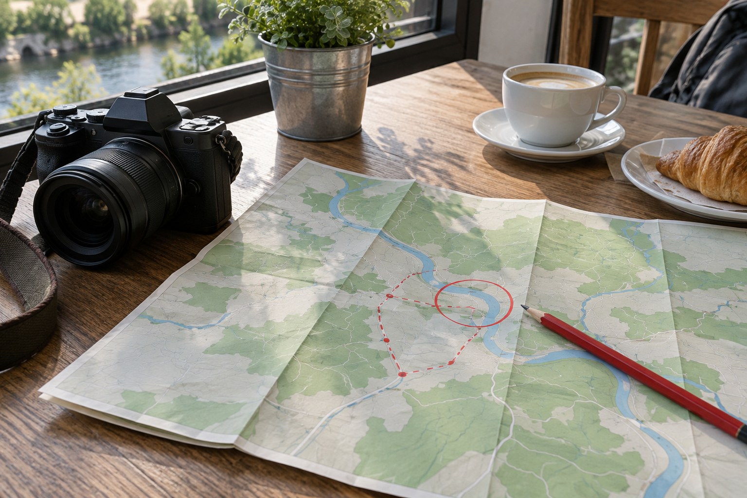 Camera beside a map with a short marked route
