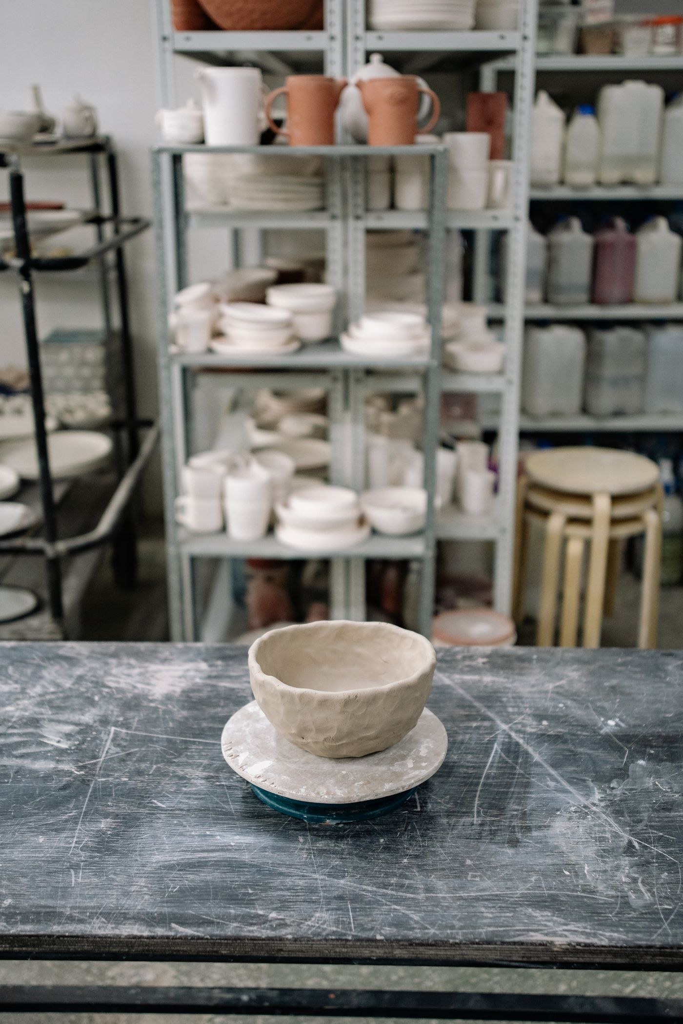 Handmade ceramic bowl in a pottery workshop