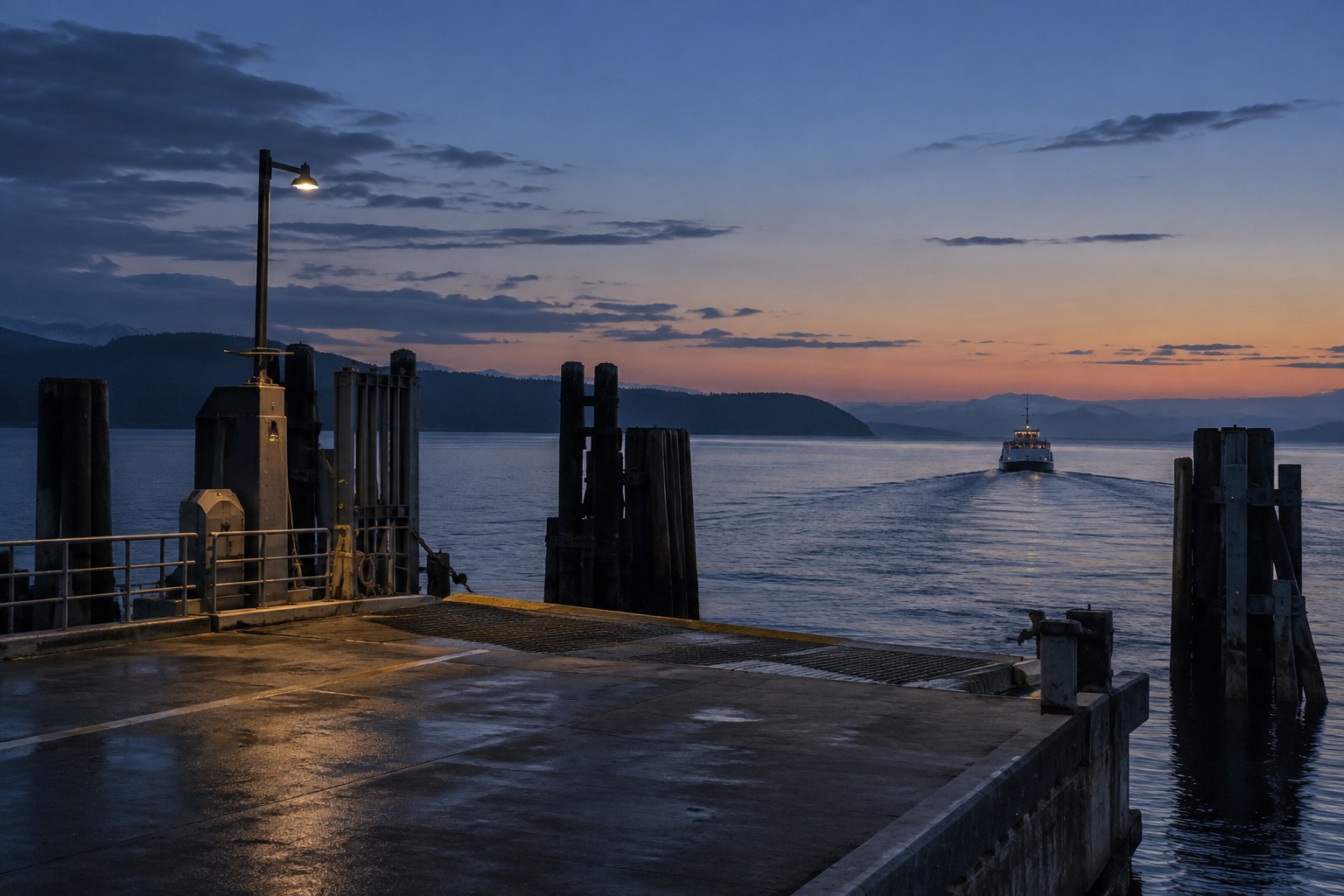 Quiet ferry landing and a departing boat at dusk
