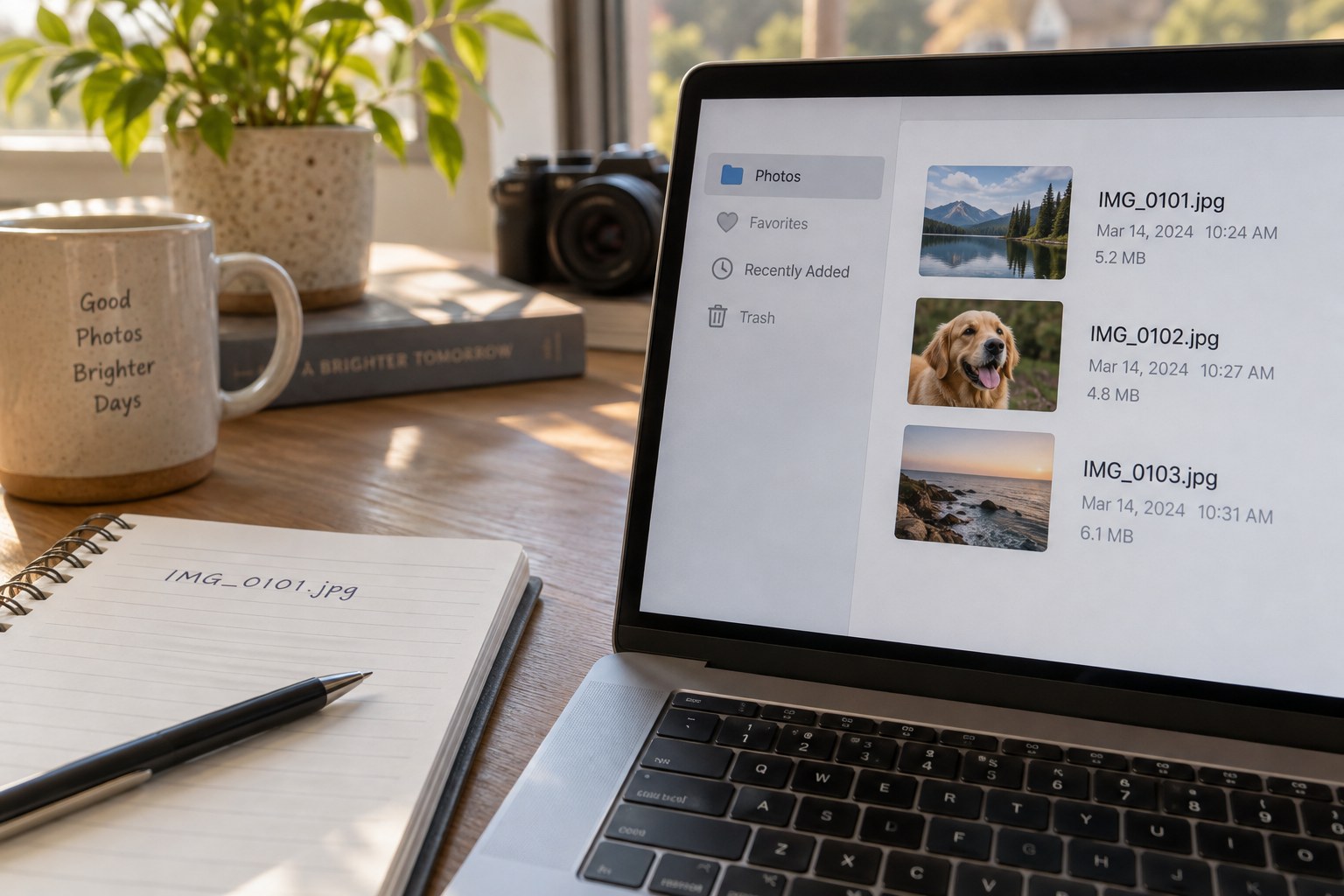 Photo filenames on a laptop beside a notebook