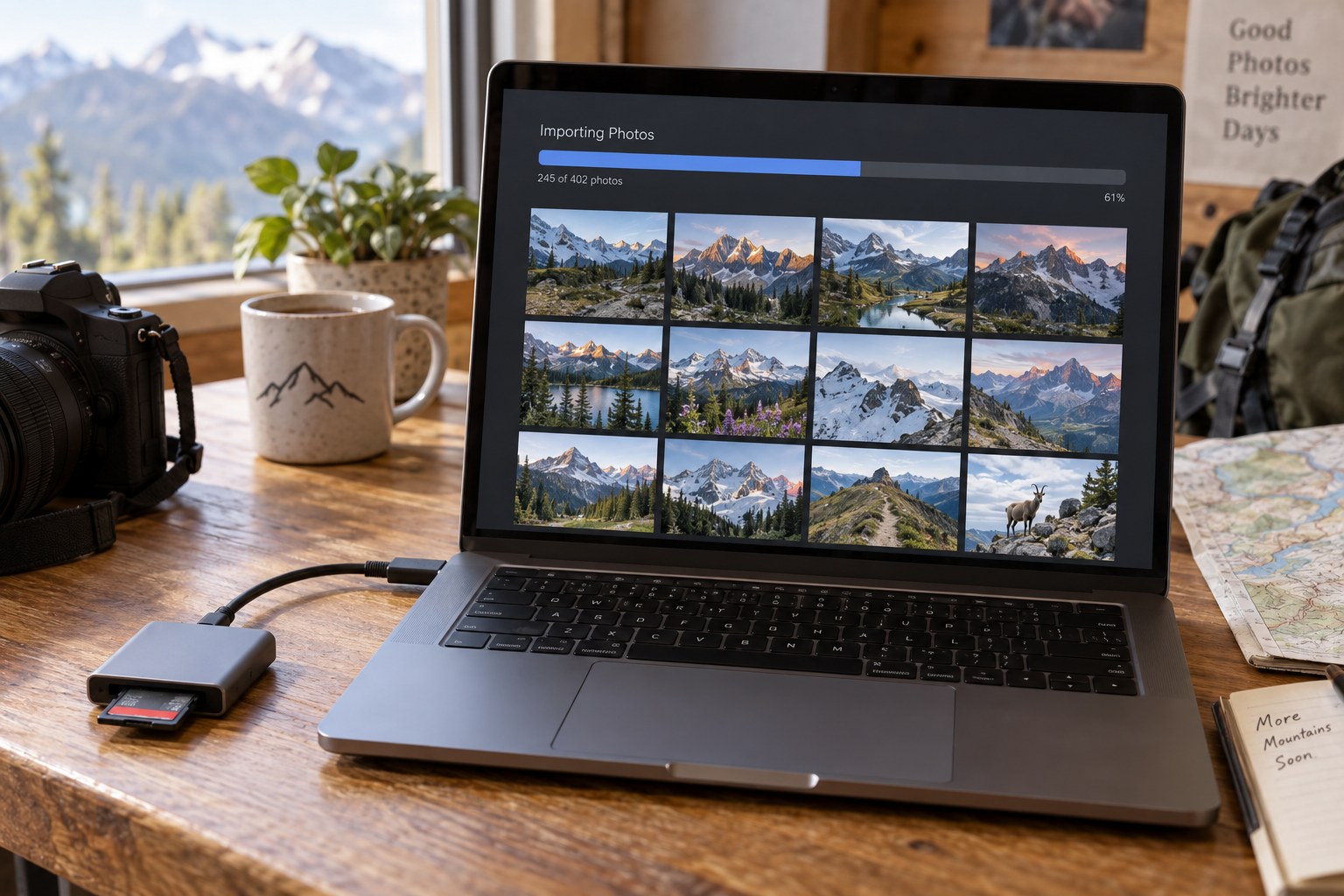 Card reader and laptop showing an illustrative photo import
