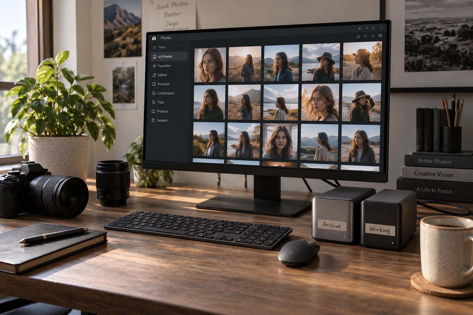 Separate archive and working drives beside a monitor