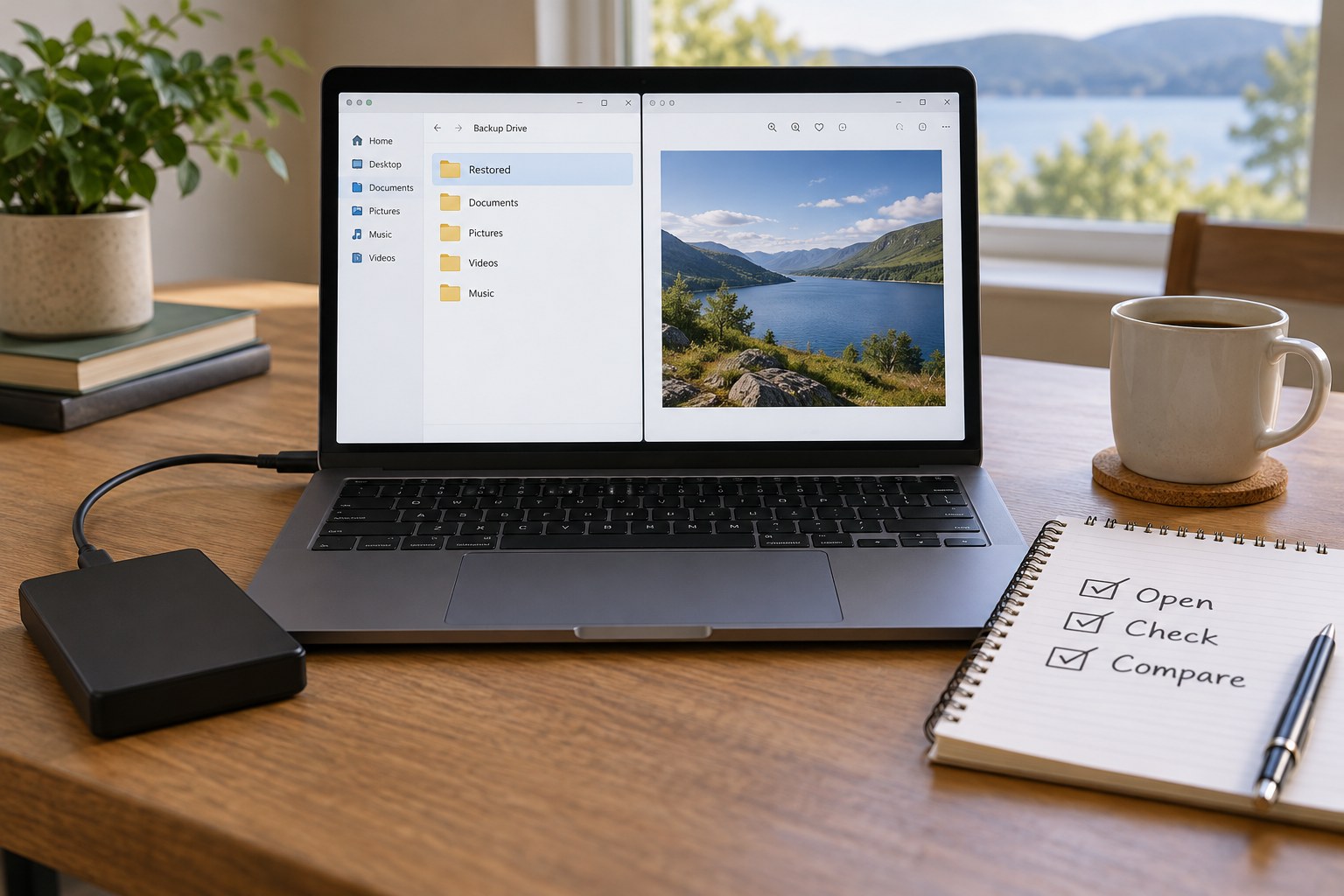 Restored file preview beside a backup drive and checklist