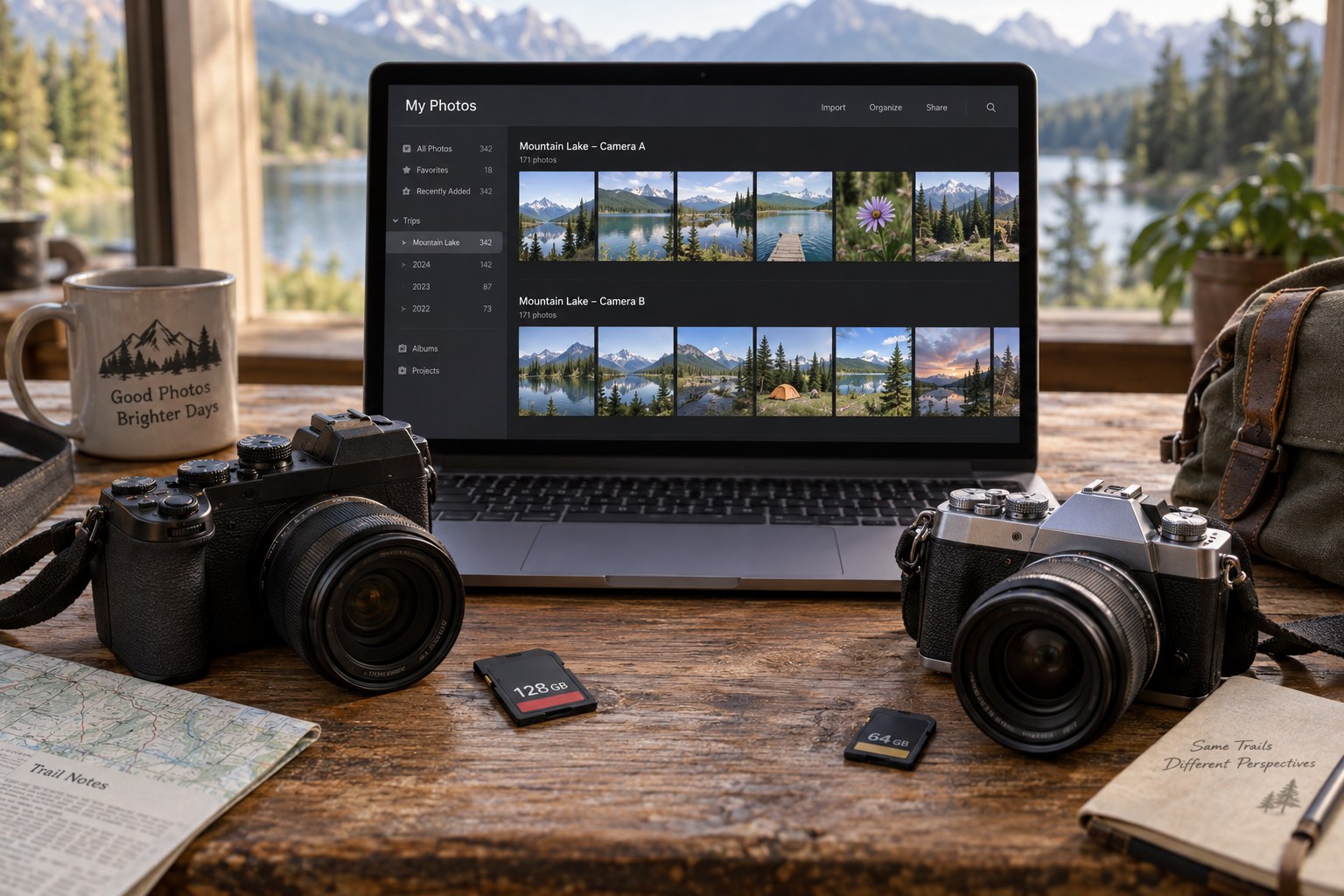 Two cameras beside a shared photo library on a laptop