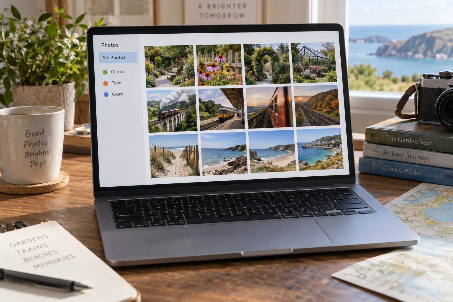 Illustrative photo grid with topic tags in a sidebar