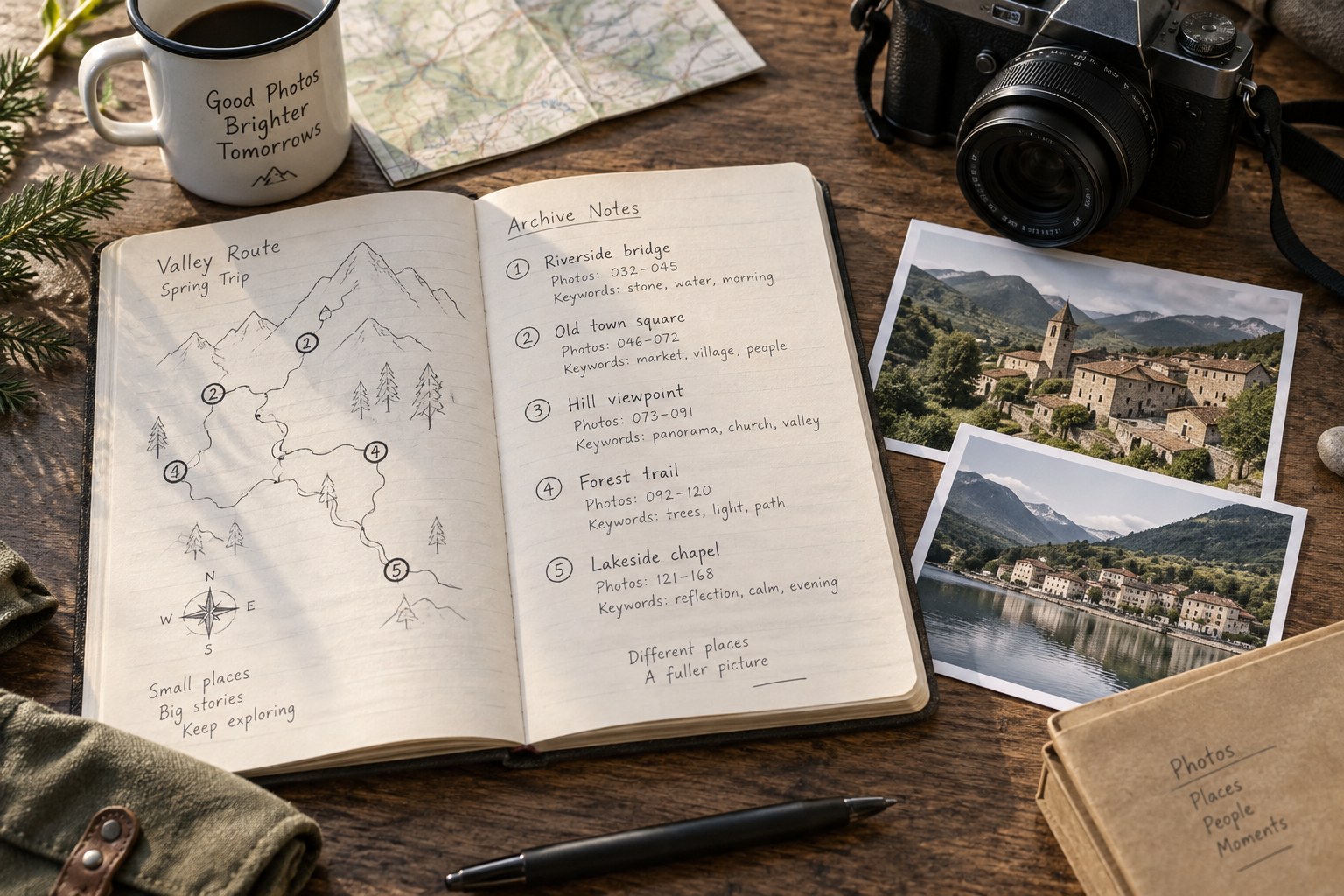 Location notebook and village prints beside a camera