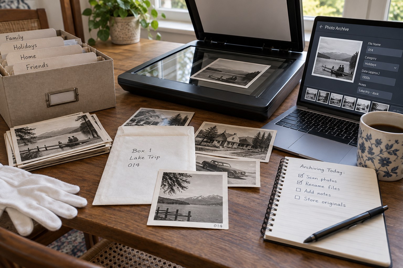 Flatbed scanner with old photographs and identification notes