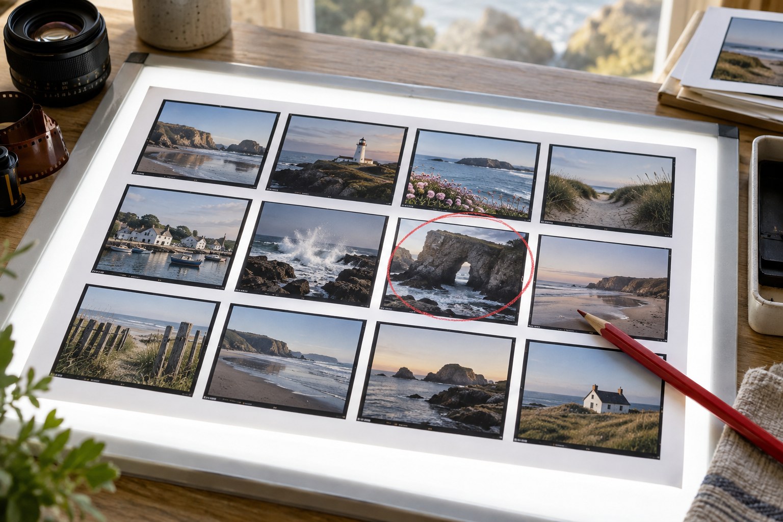 Coastal photo contact sheet beside a red pencil