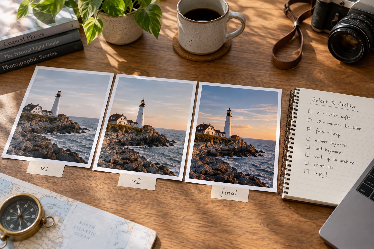 Three lighthouse edit versions and a version notebook