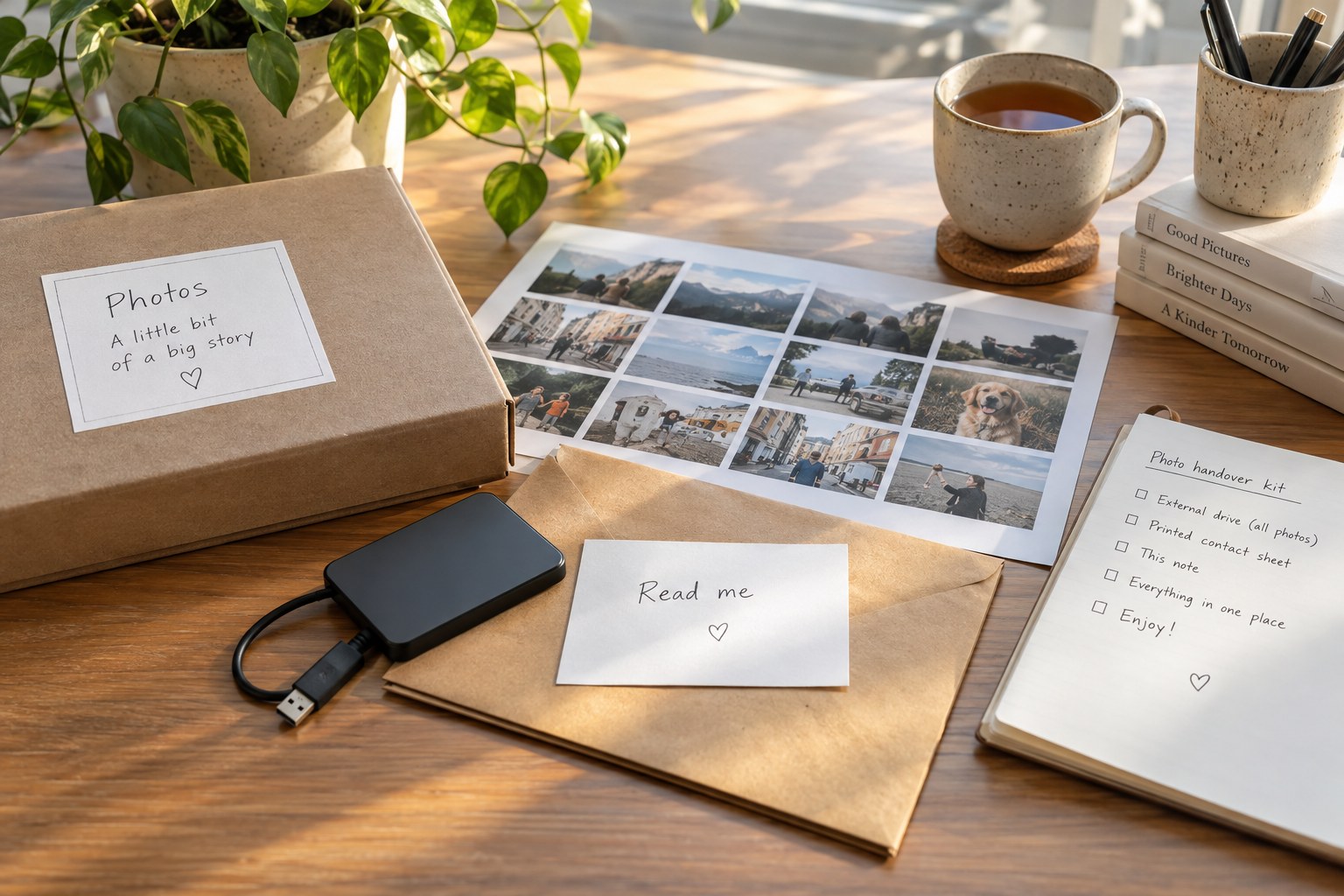 External drive with a contact sheet and handover note