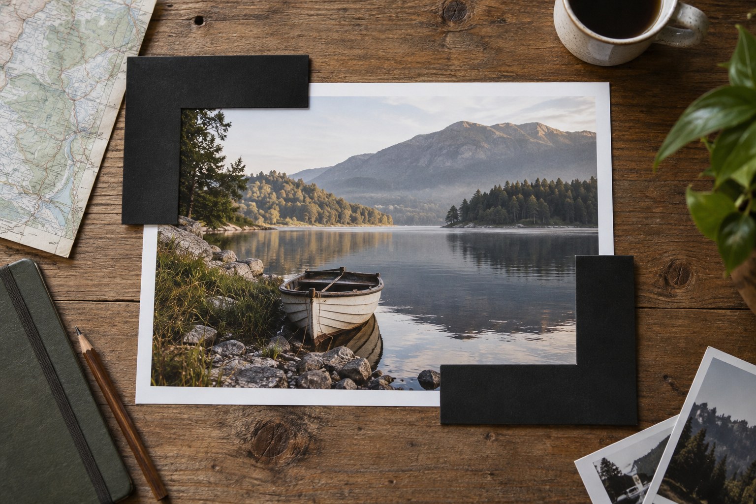 Black cropping cards framing a lakeside print