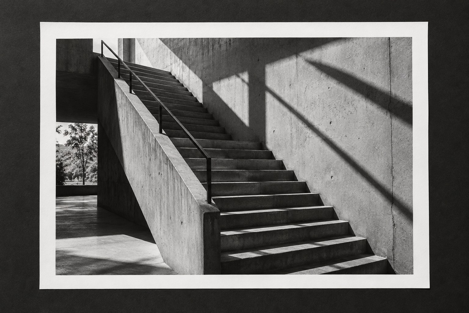 Black-and-white staircase print with geometric shadows