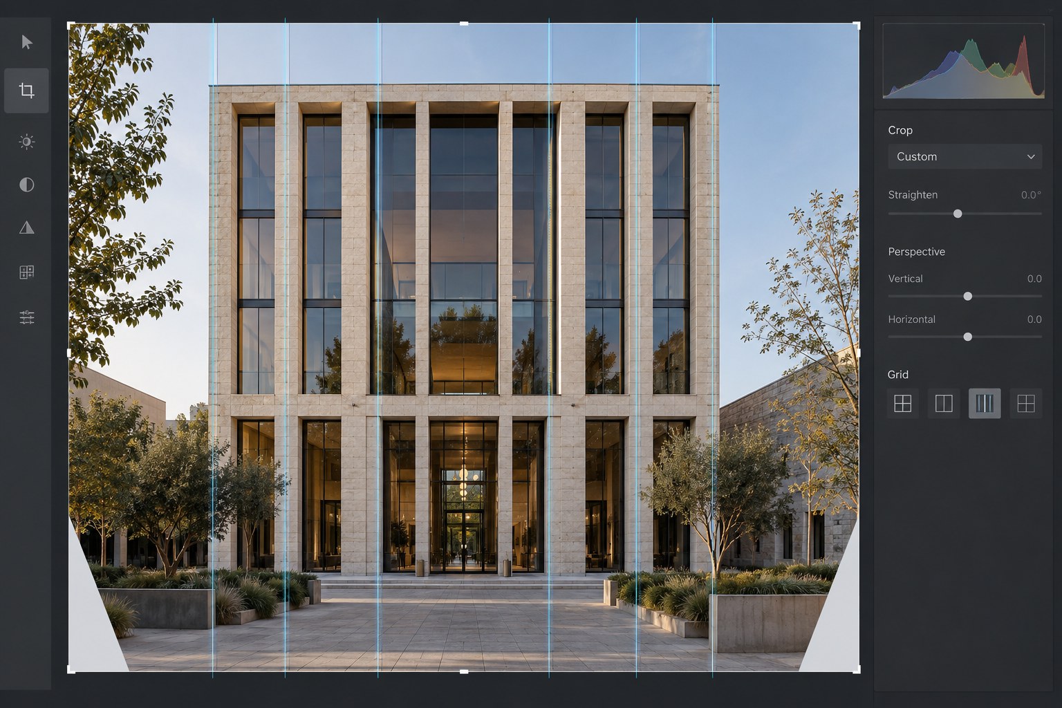 Building facade with vertical editing guides