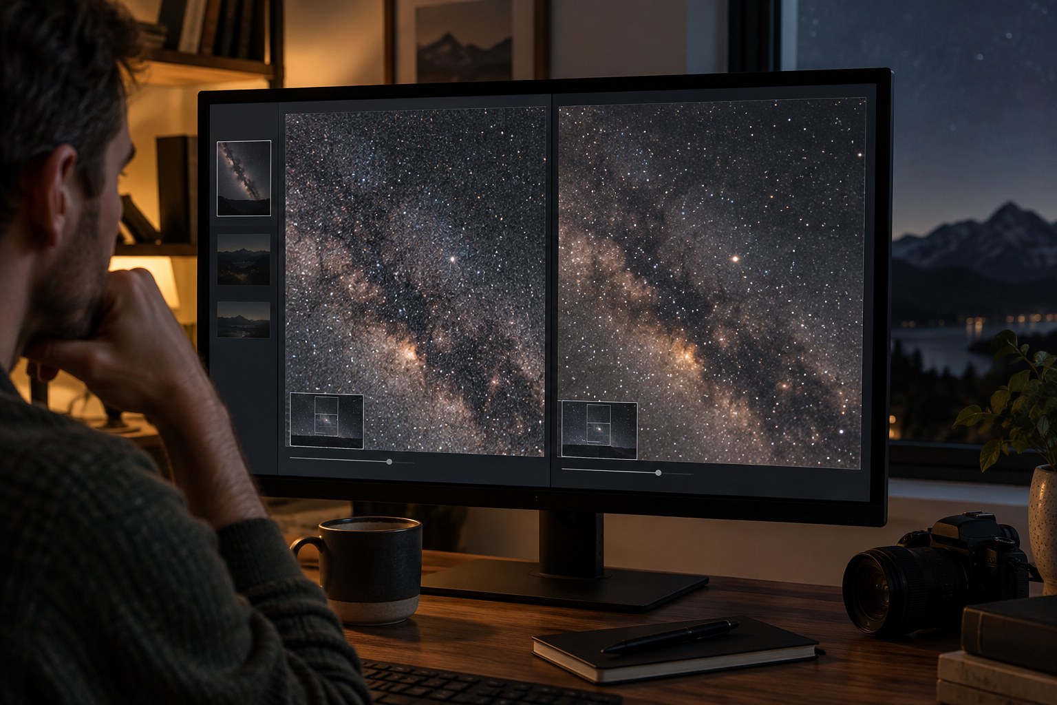 Illustrative night-sky detail comparison on a monitor