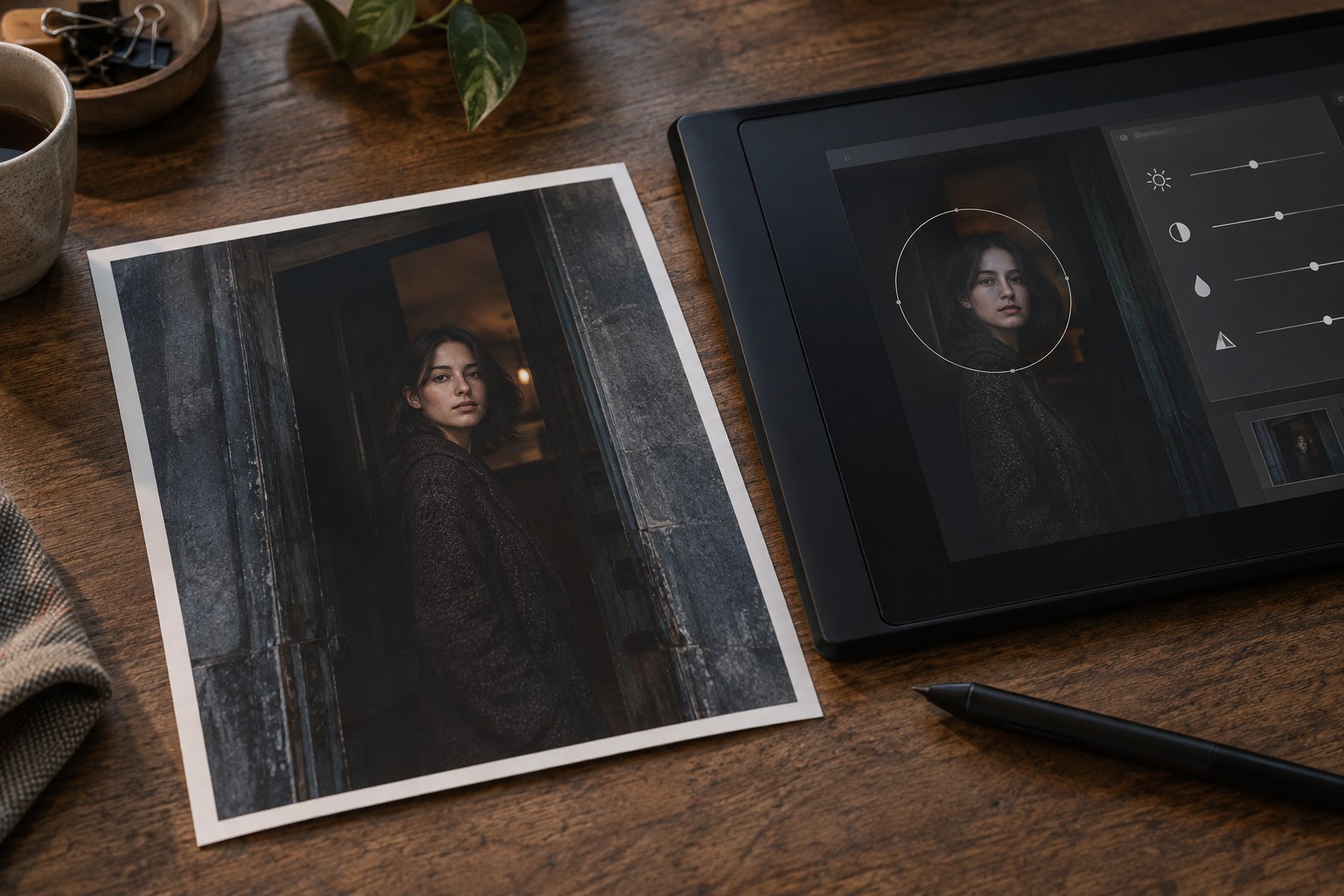 Portrait print and tablet showing a local adjustment