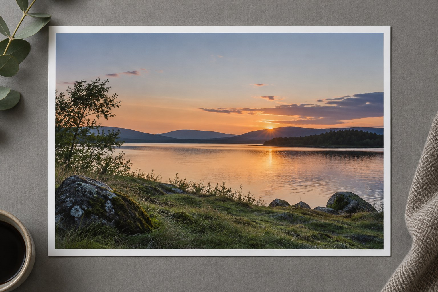 Lake sunset print with restrained warm colours