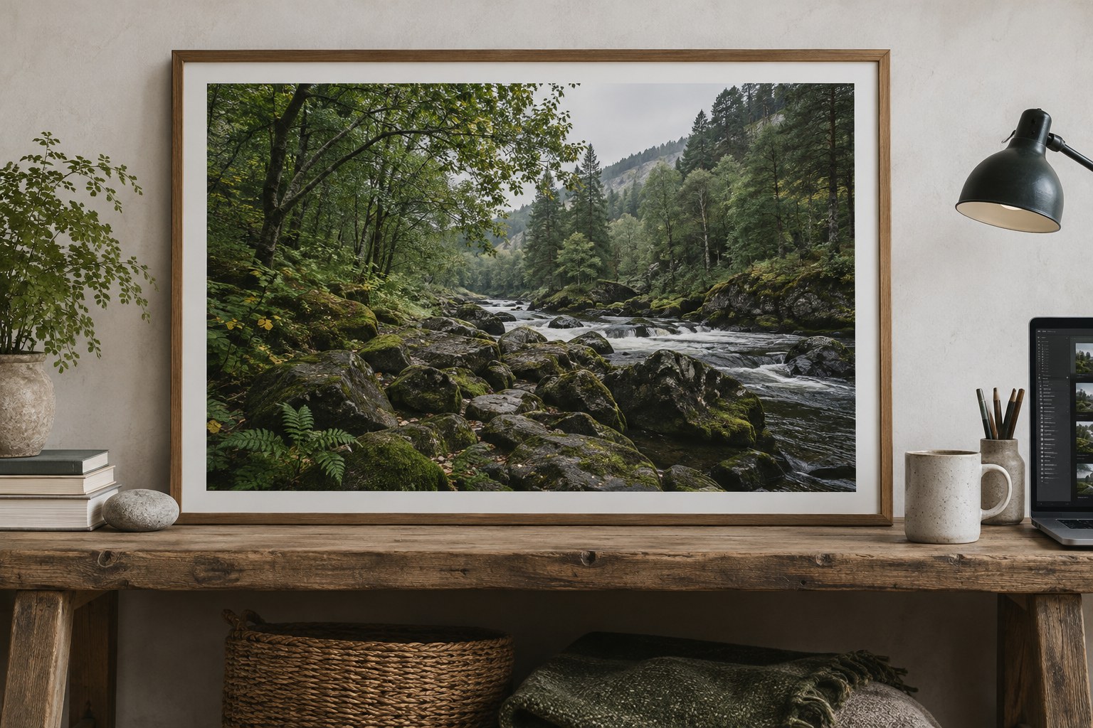 Woodland print showing varied natural green tones