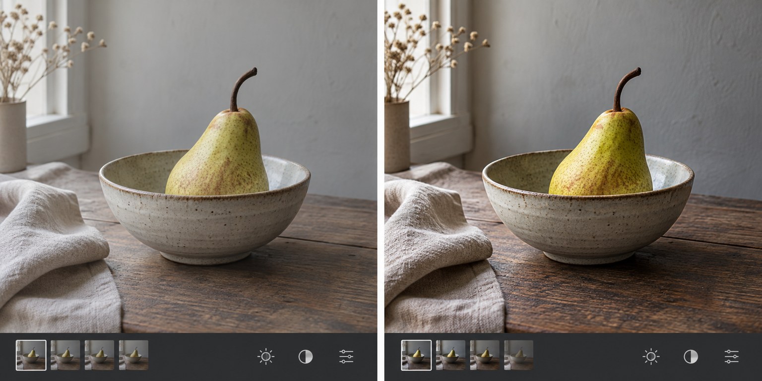 Two illustrative versions of a pear still life
