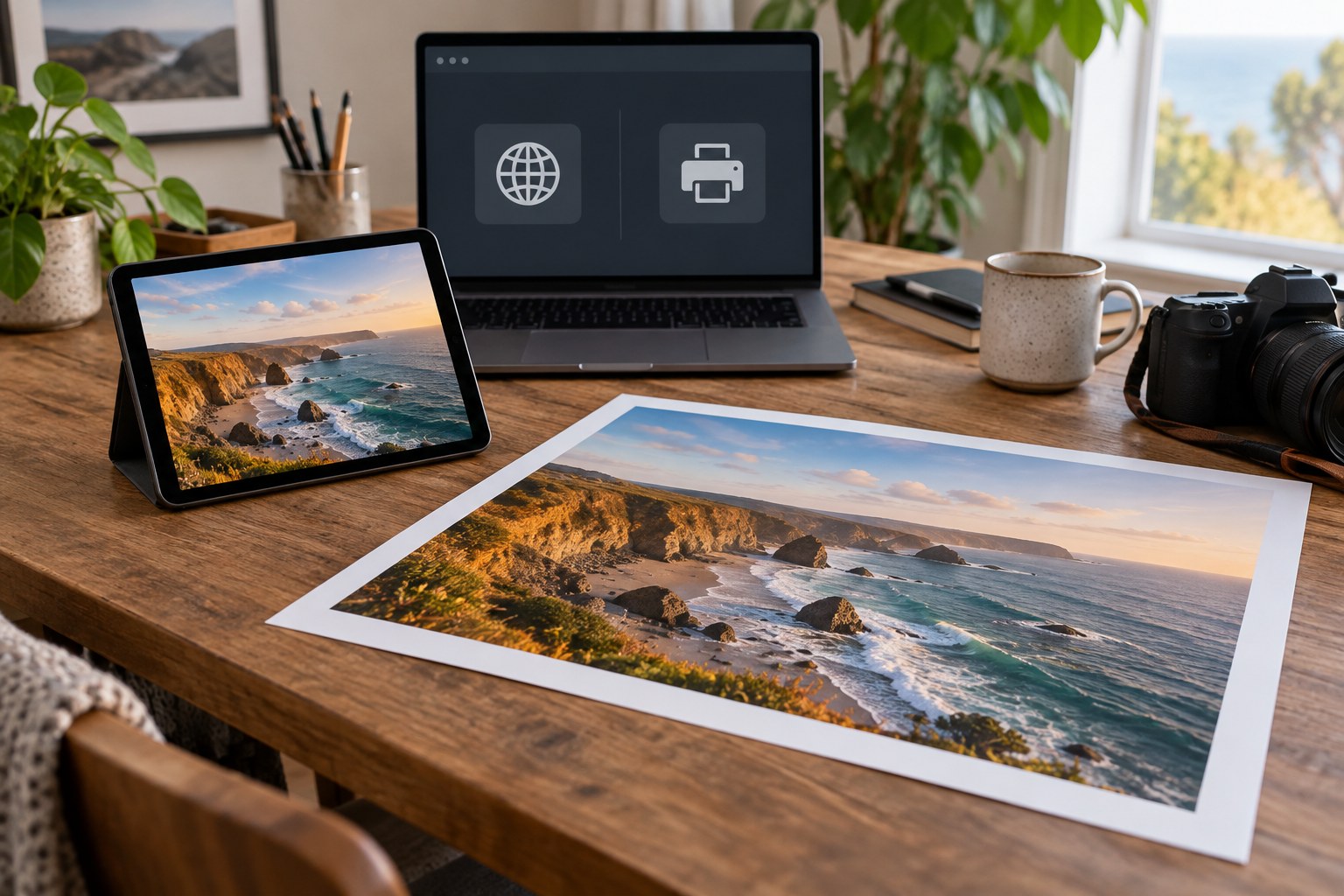 Coastal image on a tablet beside a paper print
