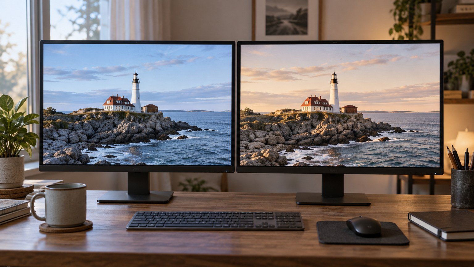 Two screens showing one lighthouse with different colour casts