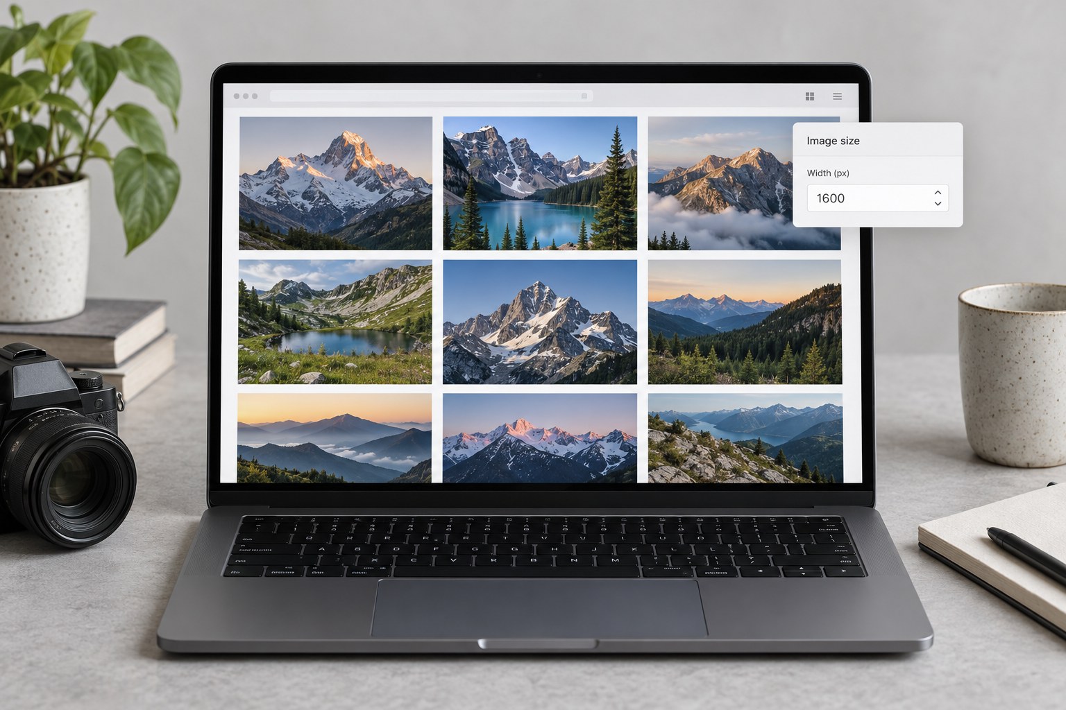 Illustrative photo gallery with an image-size dialog