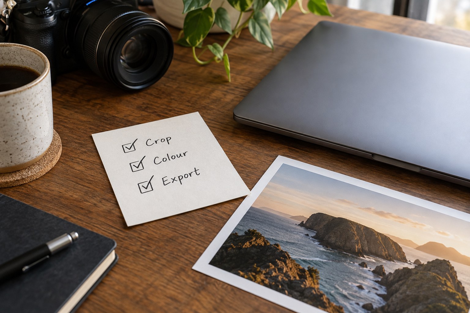 Three-item editing checklist beside a laptop and print